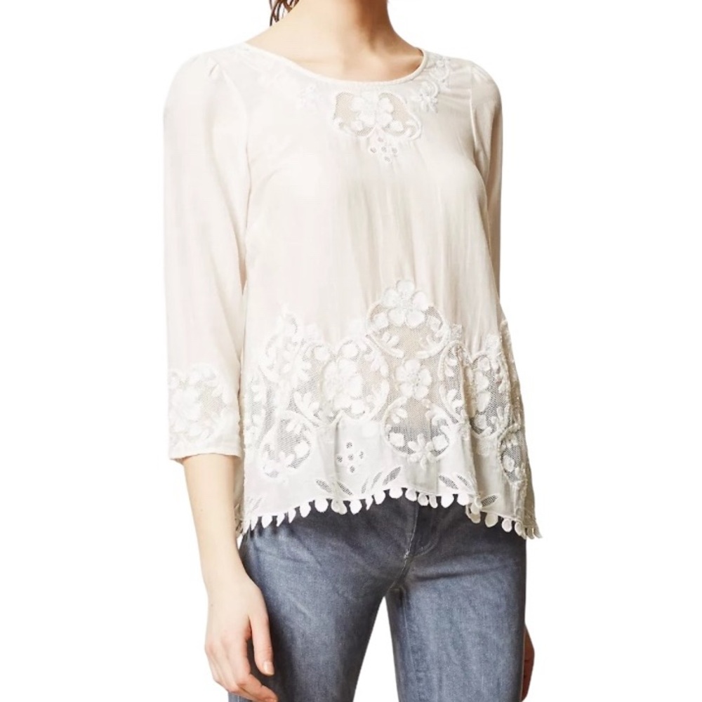 Anthropologie Maeve White Cotton/Silk Embroidered/Beaded "Lavinia" Blouse